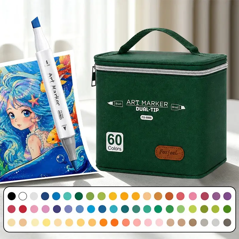 60 Colors Dual-Ended Markers, Soft & Wide Tips, Thick Carry Case with Pen Holder, Color Code Caps, Ideal for Art & Gifts