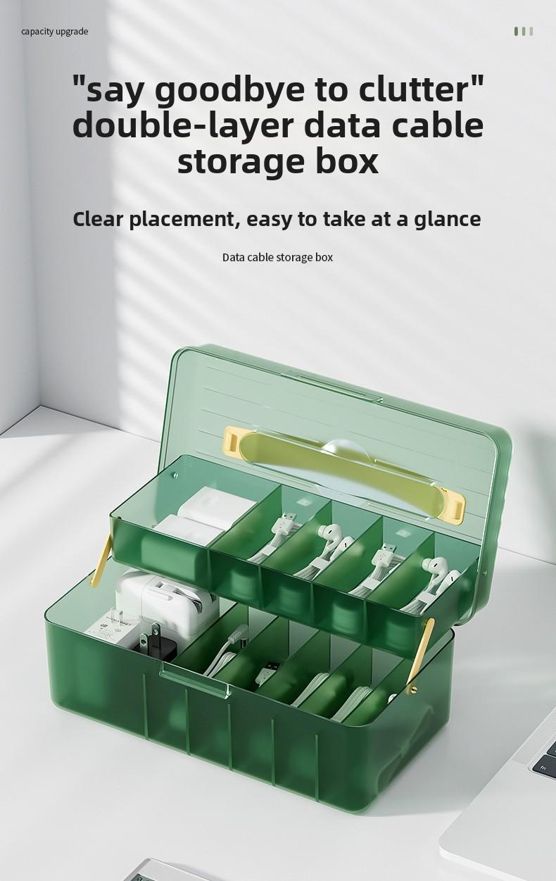 Data cable storage box with compartments, cable organizer, mobile phone charging cable desktop drawer, dustproof flip-top storage box