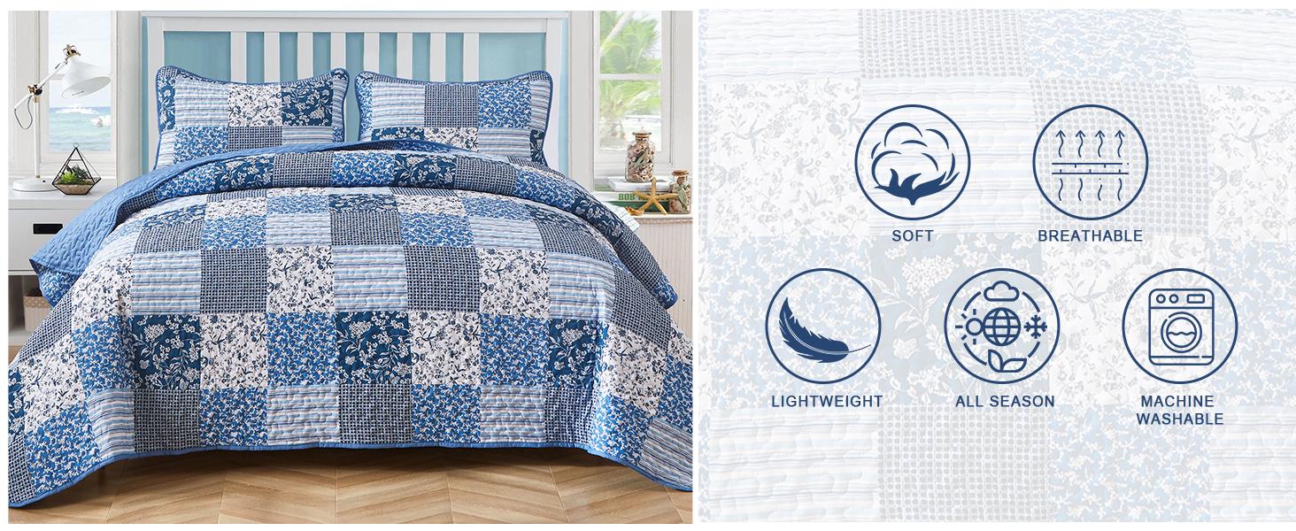 Green Set Twin Size, 2 Pieces Floral Bedspread Set Patchwork Reversible Bedding Set Microfiber Lightweight Bedspread Coverlet Set for All Season 68"x86"