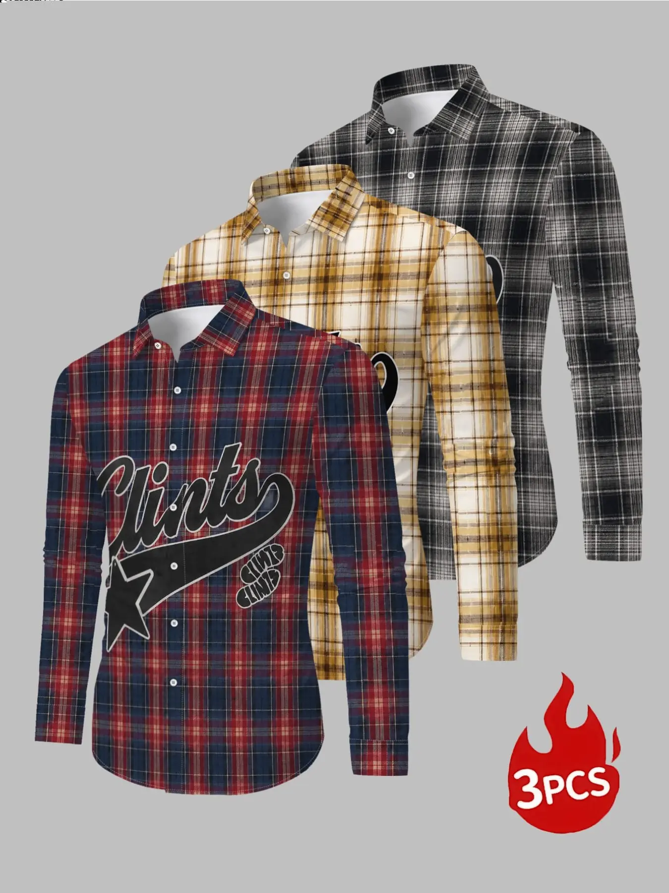 Men's 3-Pack Long Sleeve Button-Down Shirts, Vintage Plaid Letter Star Print, Slim-Fit Casual Streetwear for Daily Wear