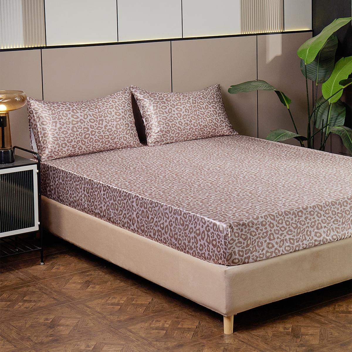 Leopard Print Fitted Sheet & Pillowcase Set, Bed Sheets, 3 Counts/set Including 1 Count Fitted Sheet & 2 Counts Pillowcase without Filler, Bedding Supplies for Home Bedroom