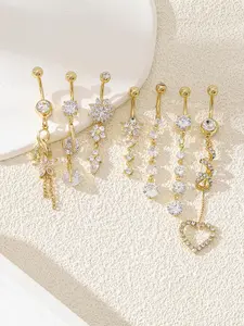 Women's Elegant Rhinestone & Flower & Heart Decor Belly Rings, Exquisite Trendy Belly Piercing Jewelry, Chic Body Jewelry, Belly Button Jewelry for Party & Daily Decor, Sparkling Zircon Inlay, Artificial Zircon, Gems For Piercings