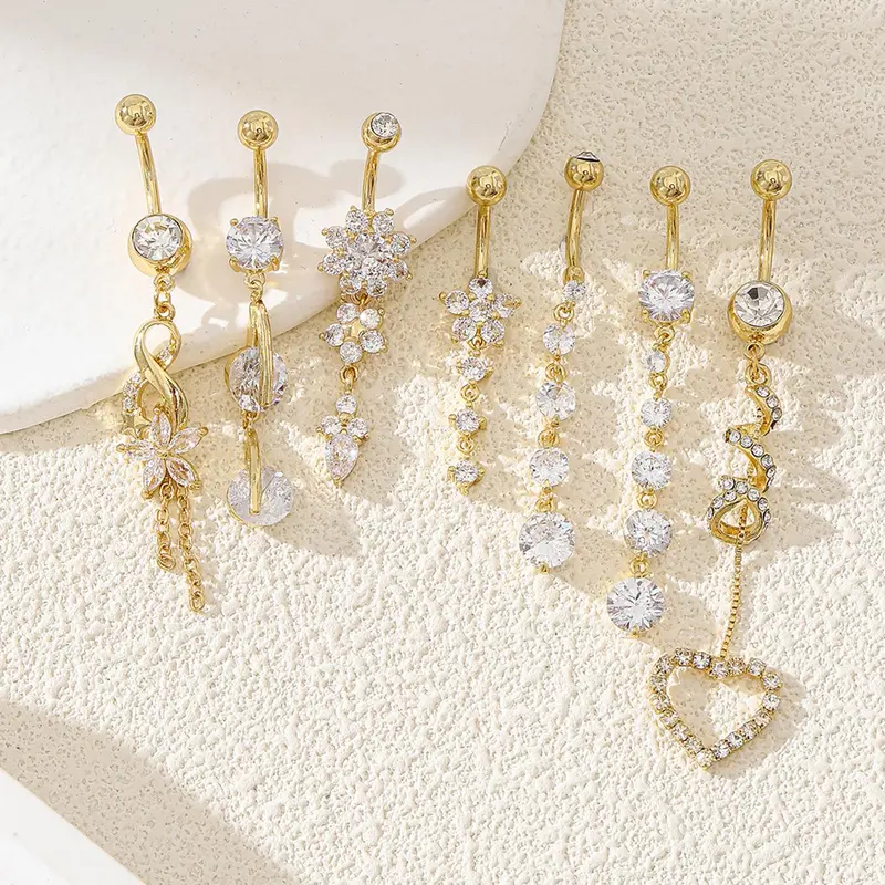 【Black Friday】Women’s Elegant 7-Piece Rhinestone Belly Button Ring Set with Flower and Heart Designs, Sparkling Body Piercing Jewelry for Parties and Daily Wear #GLOBAL PICKS