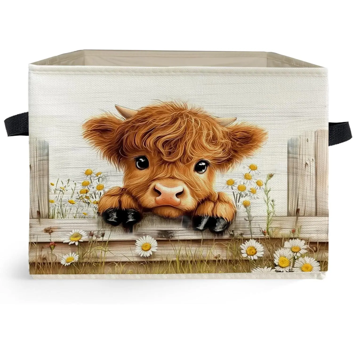 Farmhouse Highland Cow Storage Box Bins, Rustic Daisy Floral Heifer Collapsible Storage Basket Organizer for Girls Bedroom Laundry Room Home Clothes Books, Decor for Room