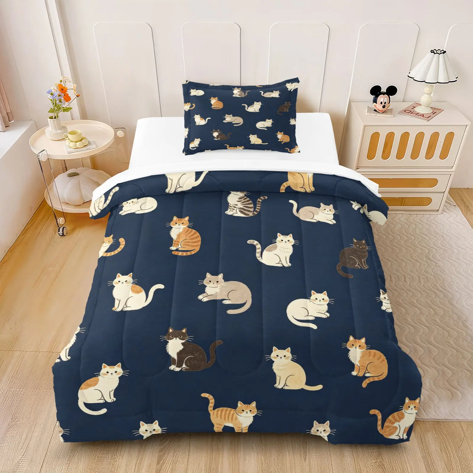 2/3Pcs Healing Hand-Drawn Cat Comforter Set, cat & plant patterns, fluffy breathable, all-season bedroom use (filled, no pillow inserts)