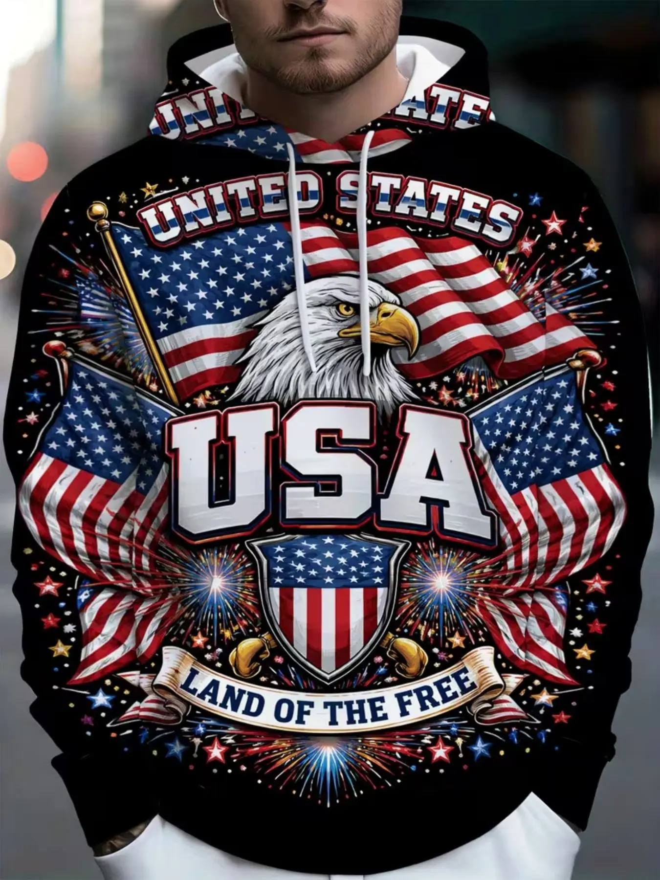 Usa Eagle Flag Fireworks Shield 3D Print Hoodie, Men's Independence Day Patriotic Loose Pullover, Long Sleeve Casual Fitted Hoodie, Casual Graphic Streetwear, Casual Pullover Hoodies