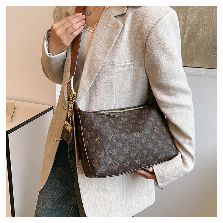 Mia Bag Shop Classic Letter Pattern Hobo Bag for Women High-Quality PU Handbag with Color-Block Strap & Gold Lock 30x11x20cm Crossbody Clutch Purse