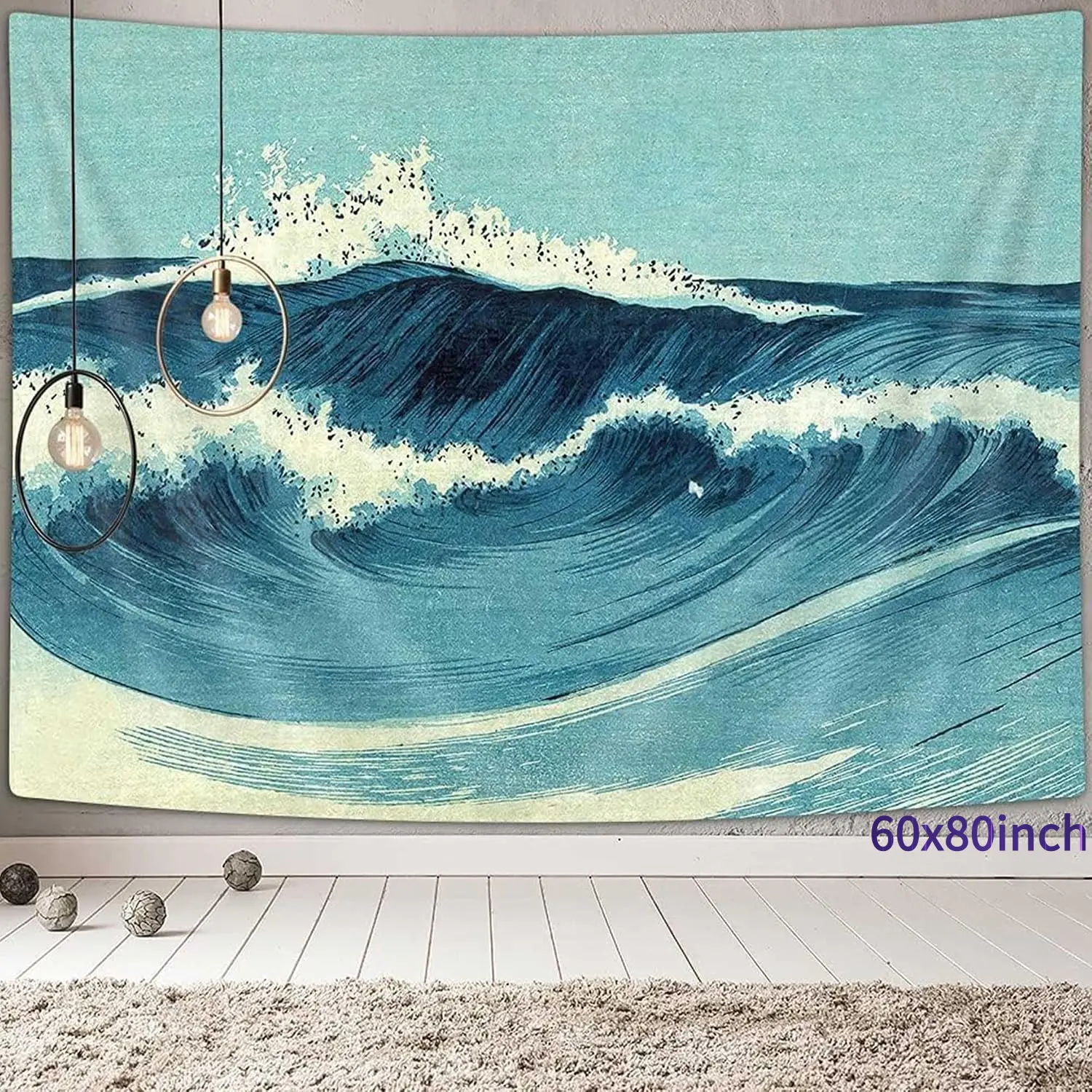 Retro Ocean Tapestry Wall Hanging, Blue Abstract Wave Wall Art, 40L" x 60W", Bedroom Decor, Wall Hanging Decor