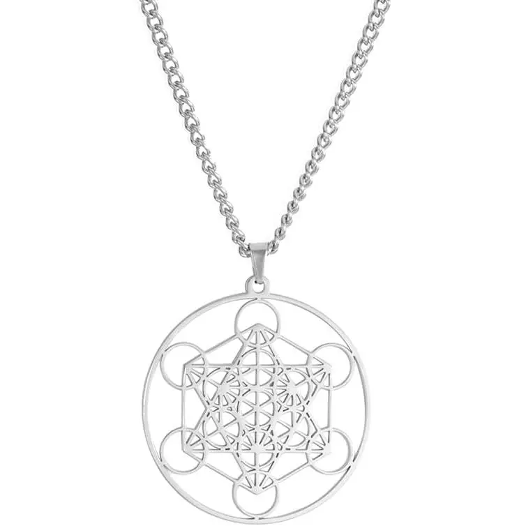 Metatron's Cube Necklace Stainless Steel Geometric Hollow Mesh Pendant Sacred Hexagram Religious  for Men Women (1-)