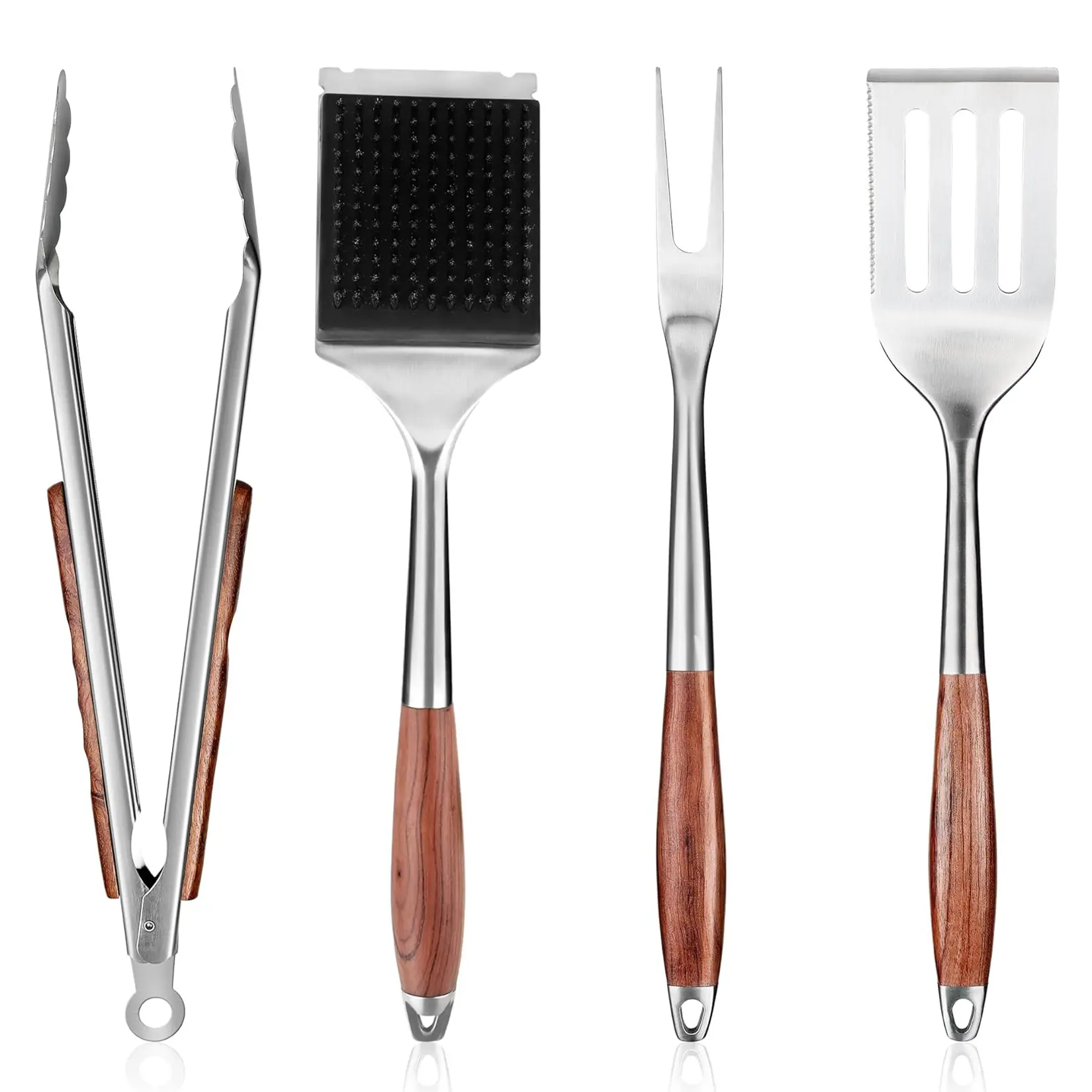 Rust-Resist Steel 4-in-1 Heavy Duty BBQ Utensils Kit with Hanging Loop - Slotted Spatula, Meat Fork, Locking Tongs, Cleaning Brush, Cool-Touch Rosewood Handles for Outdoor Grills, Dads, Grilling Barbecue Accessories Sets
