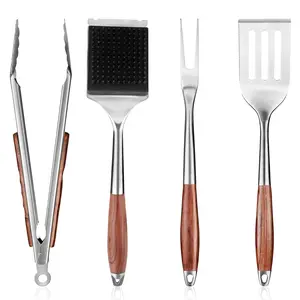 Heavy Duty BBQ Tool Set, 4-Piece Stainless Steel Grill Utensils with Spatula – Stainless Steel Outdoor Grilling Utensils with Slotted Spatula, Meat Fork, Locking Tongs, and Cleaning Brush – Heat-Resistant Non-Slip Rosewood Handles