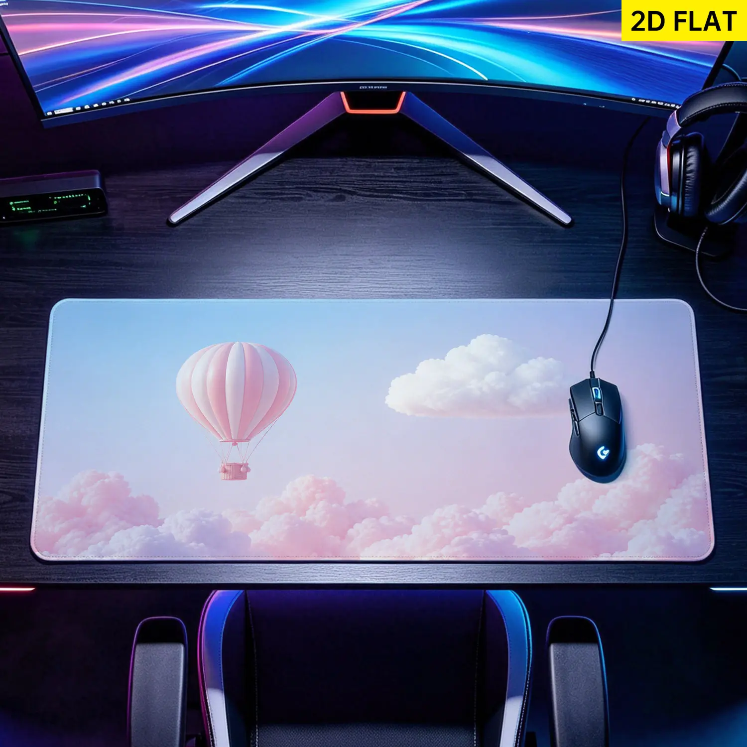 Extra Large Pastel Hot Air Balloon Cloud Sky Mouse Pad, Non Slip Rubber Pad, Desktop Decoration Drotection Pad, Washable, Lock Edge Multi Size, Premium Multipurpose Mousepad For Home, Office, Gift for Family and Friends
