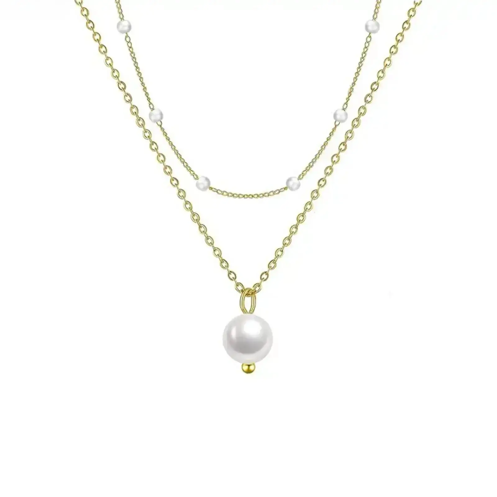 Women's 2-Layer 18K Gold-Plated Alloy Collarbone Chain - Faux Pearl with Pearl Inlays, Stacked Layer, Lightweight Fit French Style Costume Jewelry, Daily Wear Accessory, Ready-to-Gift Present
