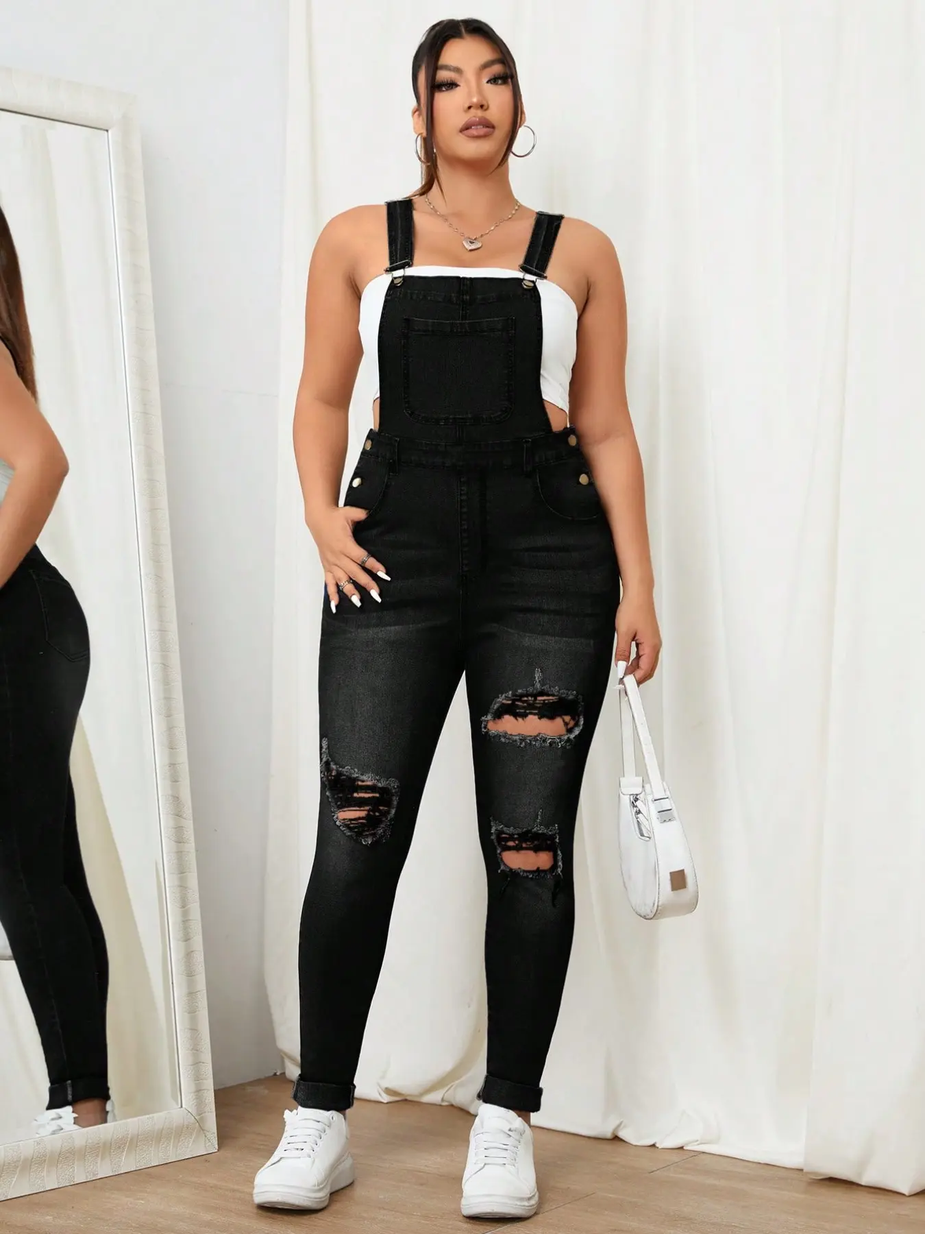 European and American Style Distressed Ripped Slim Fit Denim Bib Pants, Front Large Pockets, Side Pockets, Daily Wear Fashion