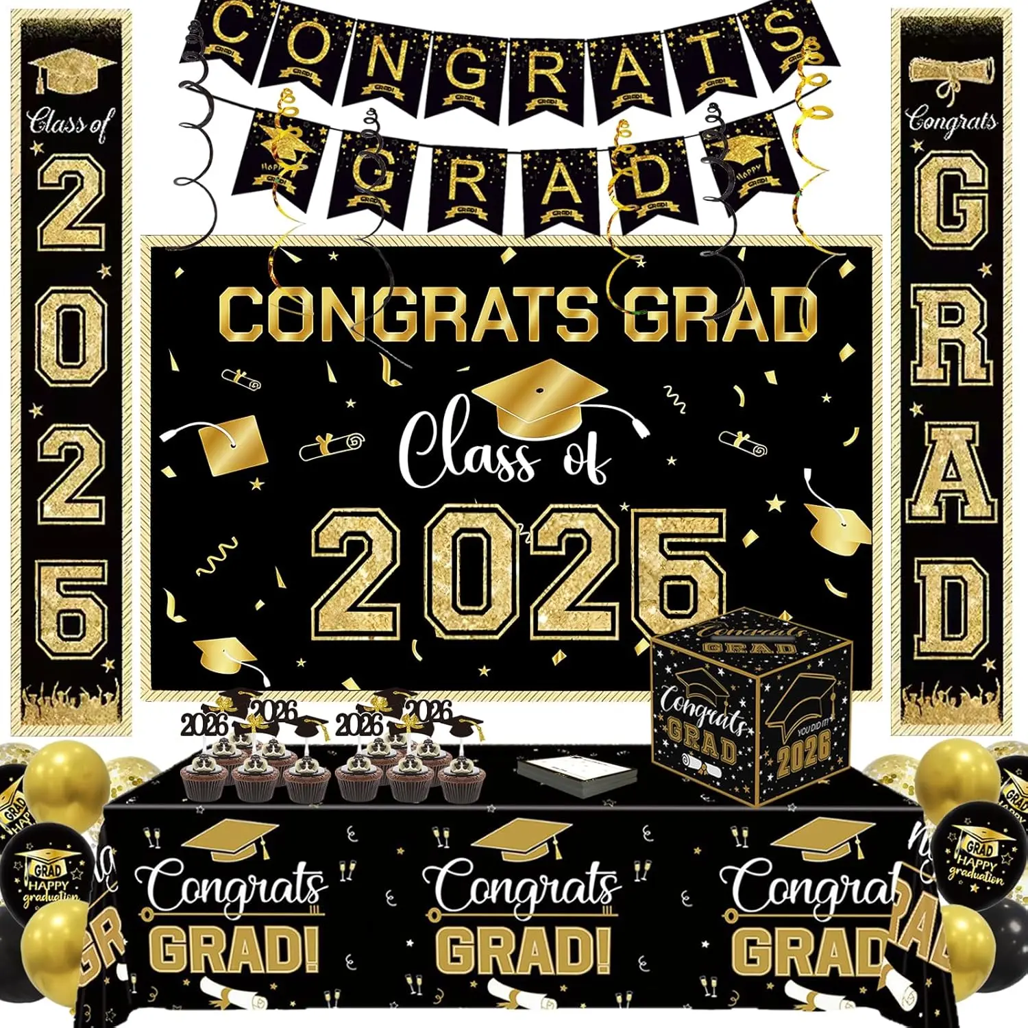 Classic 2026 Black Gold Graduation Party Supplies Kit - Reusable Decor & Gifts Set for High School, College, University Grads (Congrats Grad Banner, Backdrop, Tablecloth, Balloons, Cupcake Toppers, Card Box, Photo Props), Pre-Assembled, Easy Install, Welc