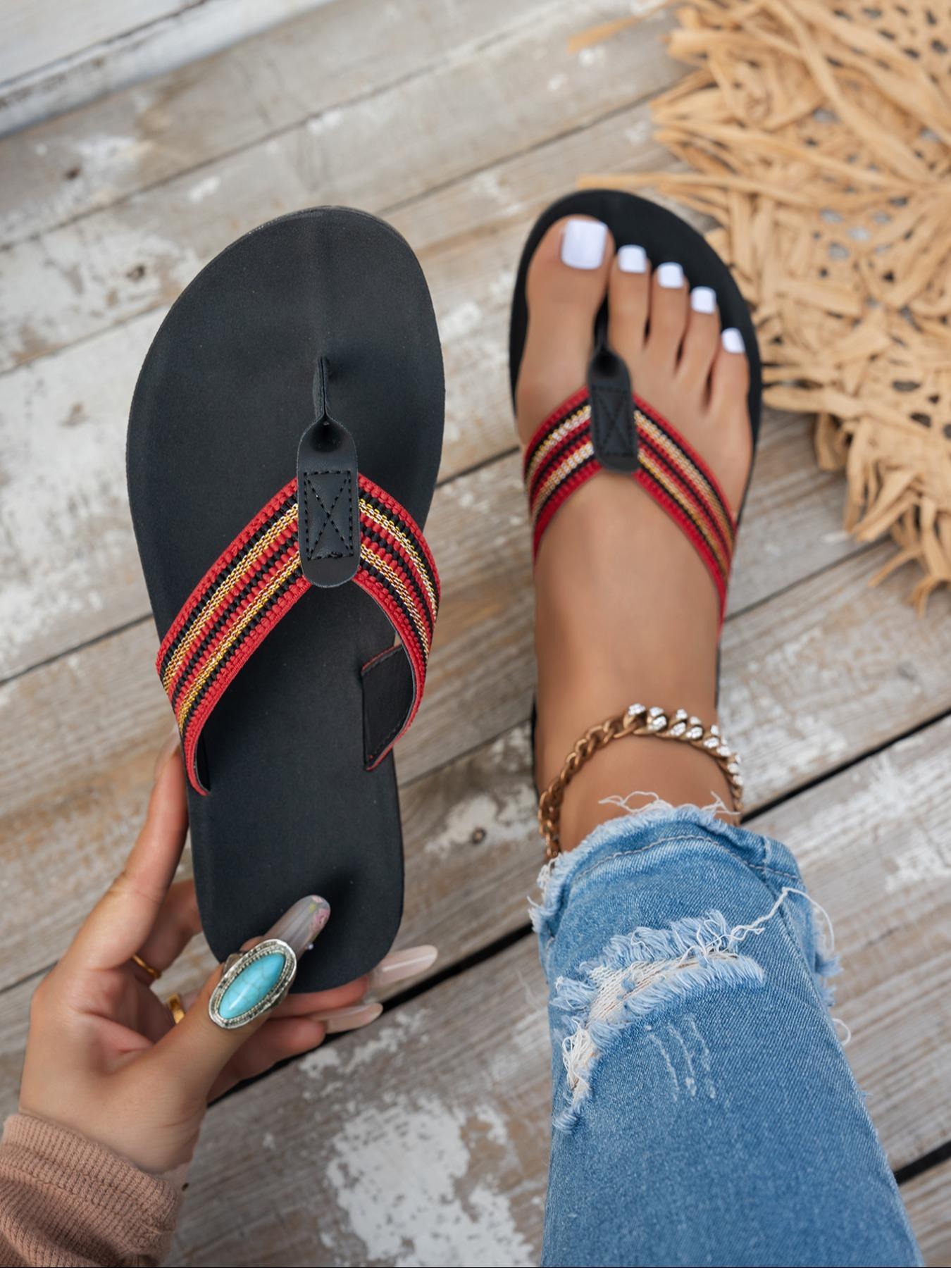 Women's Fashionable Striped Pattern Slip on Lightweight Fashionable Comfy Sandals, Anti Slip Casual Comfortable Flat Casual Trendy for Summer, Non-slip Beach Slippers for Women & Girls, Footwear, Casual Outdoor Sandals, Flip Flops Flats