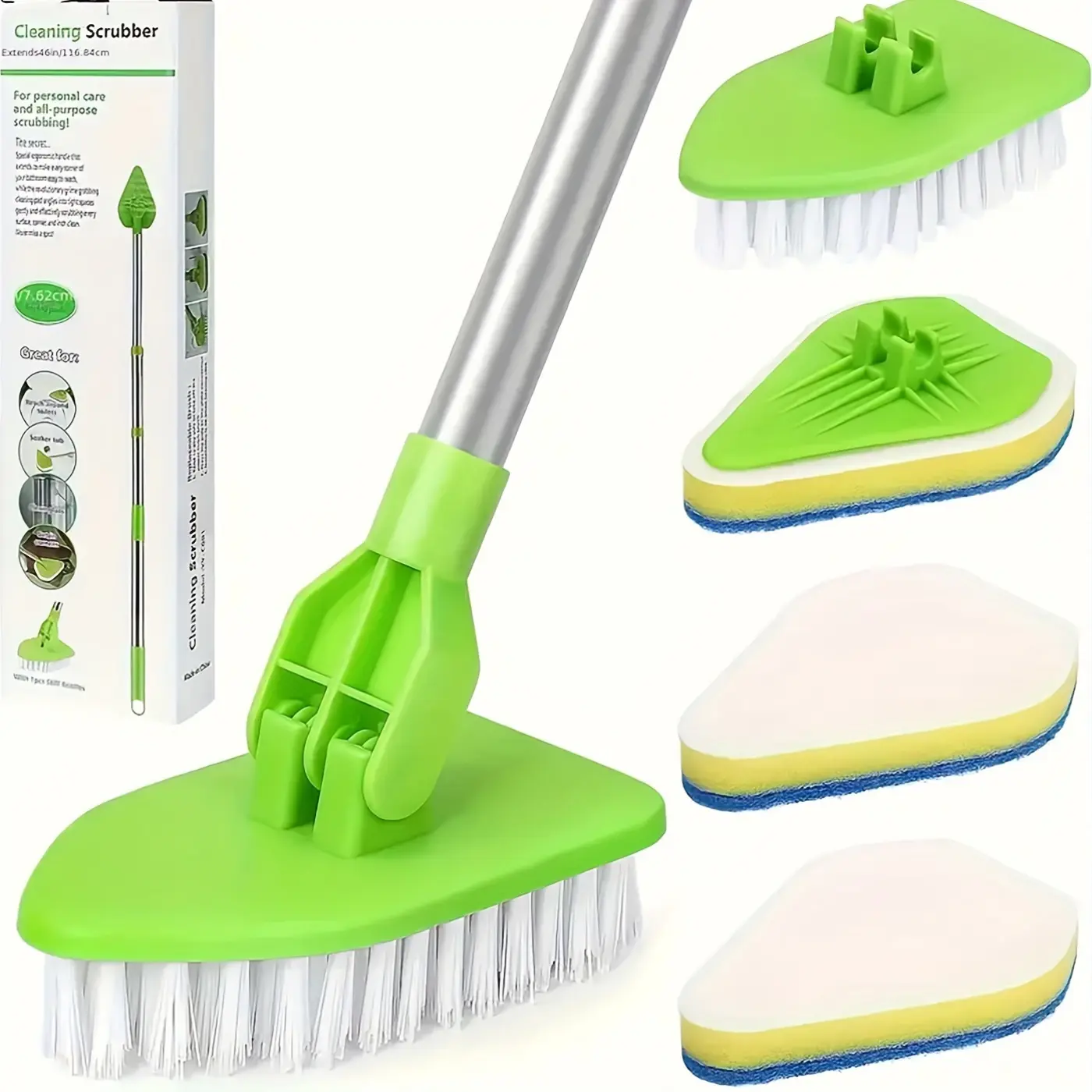 2-In-1 Extendable Shower Brush Set, Long Handle Bath & Tile Floor Cleaner, Includes 3 Sponge Heads & 1 Hard Bristle Head, Scrubber