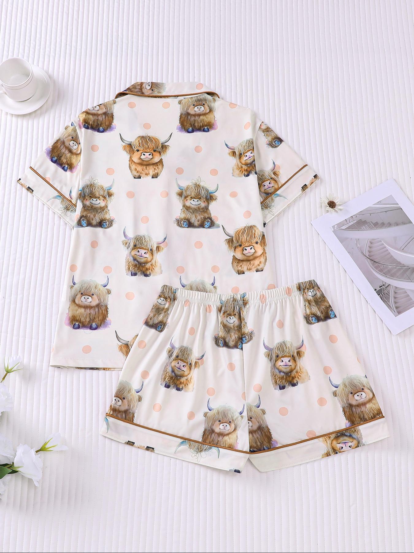 Women's All Over Print Pajama Two-piece Set, Casual Comfy Short Sleeve Top & Elastic Waist Shorts Loungewear Set, Ladies Summer Sleepwear