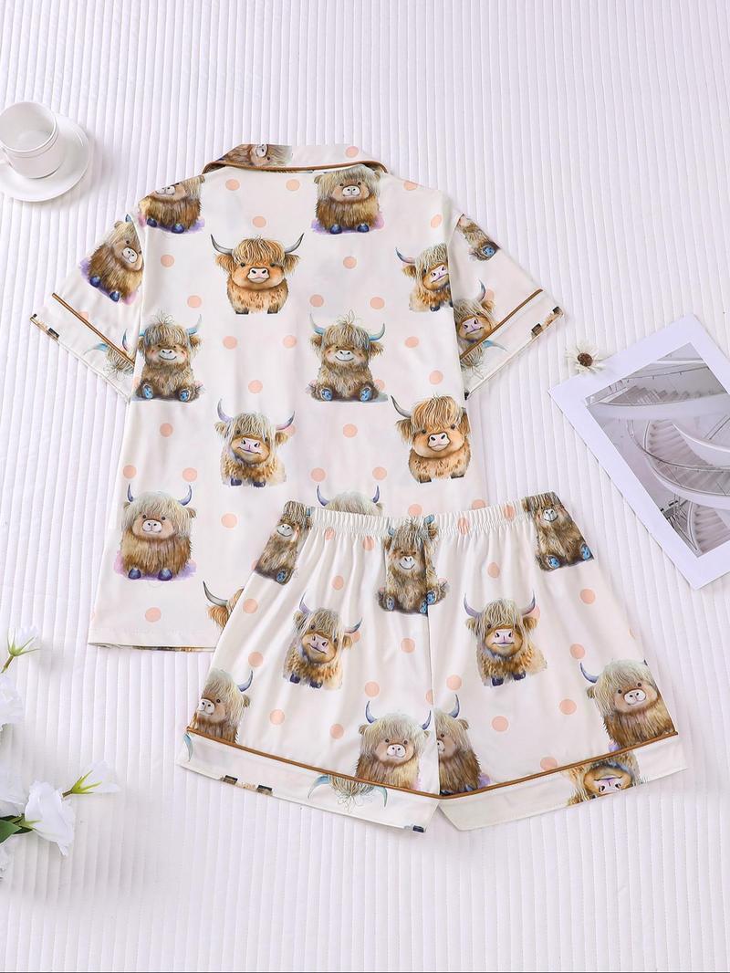 Women's All Over Print Pajama Two-piece Set, Casual Comfy Short Sleeve Top & Elastic Waist Shorts Loungewear Set, Ladies Summer Sleepwear