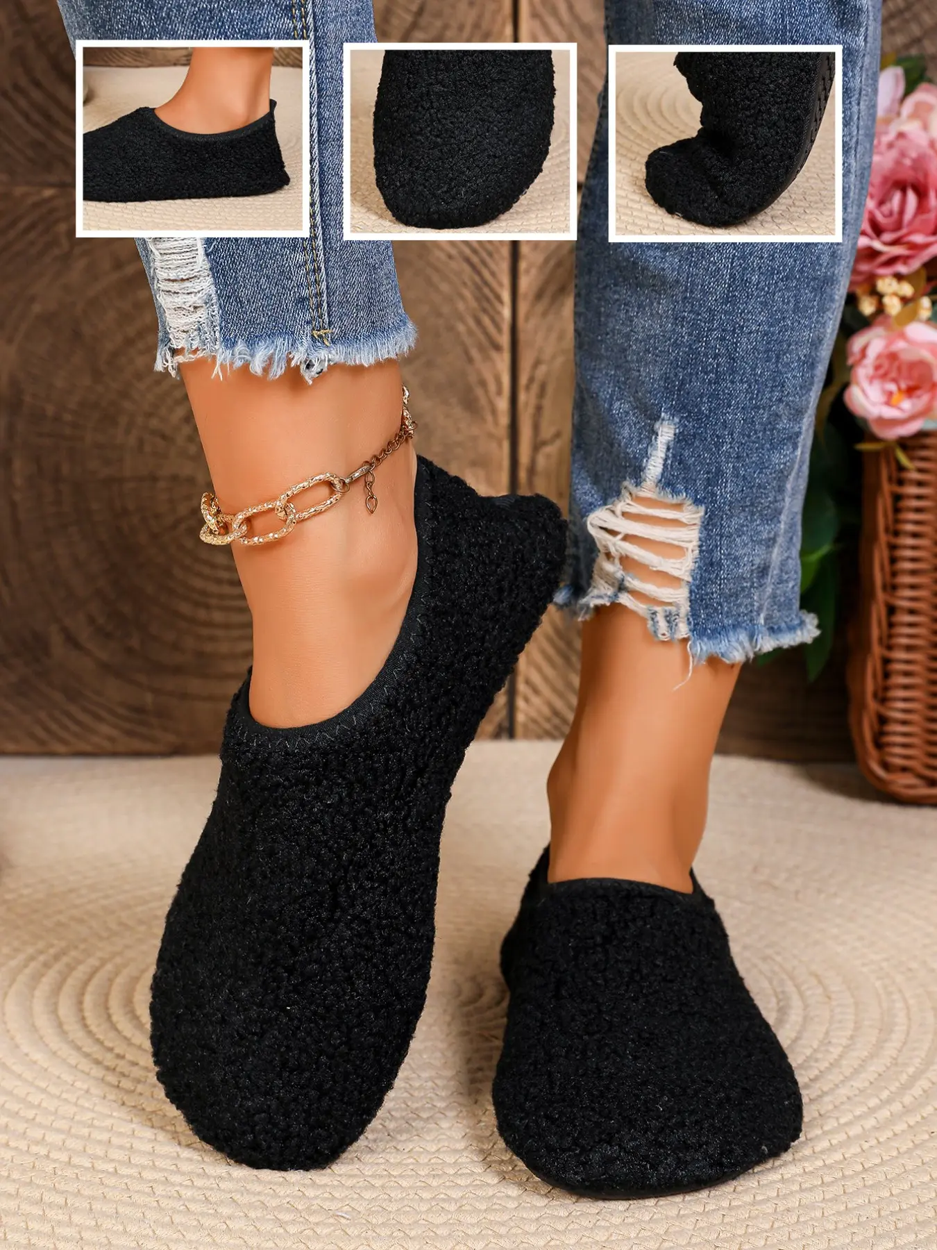 Women's Plush Indoor Slippers, Wide Fit Soft Warm Bedroom Shoes, Slip-On Non-Slip Flat Comfortable Home Footwear, Ideal for Winter Relaxation