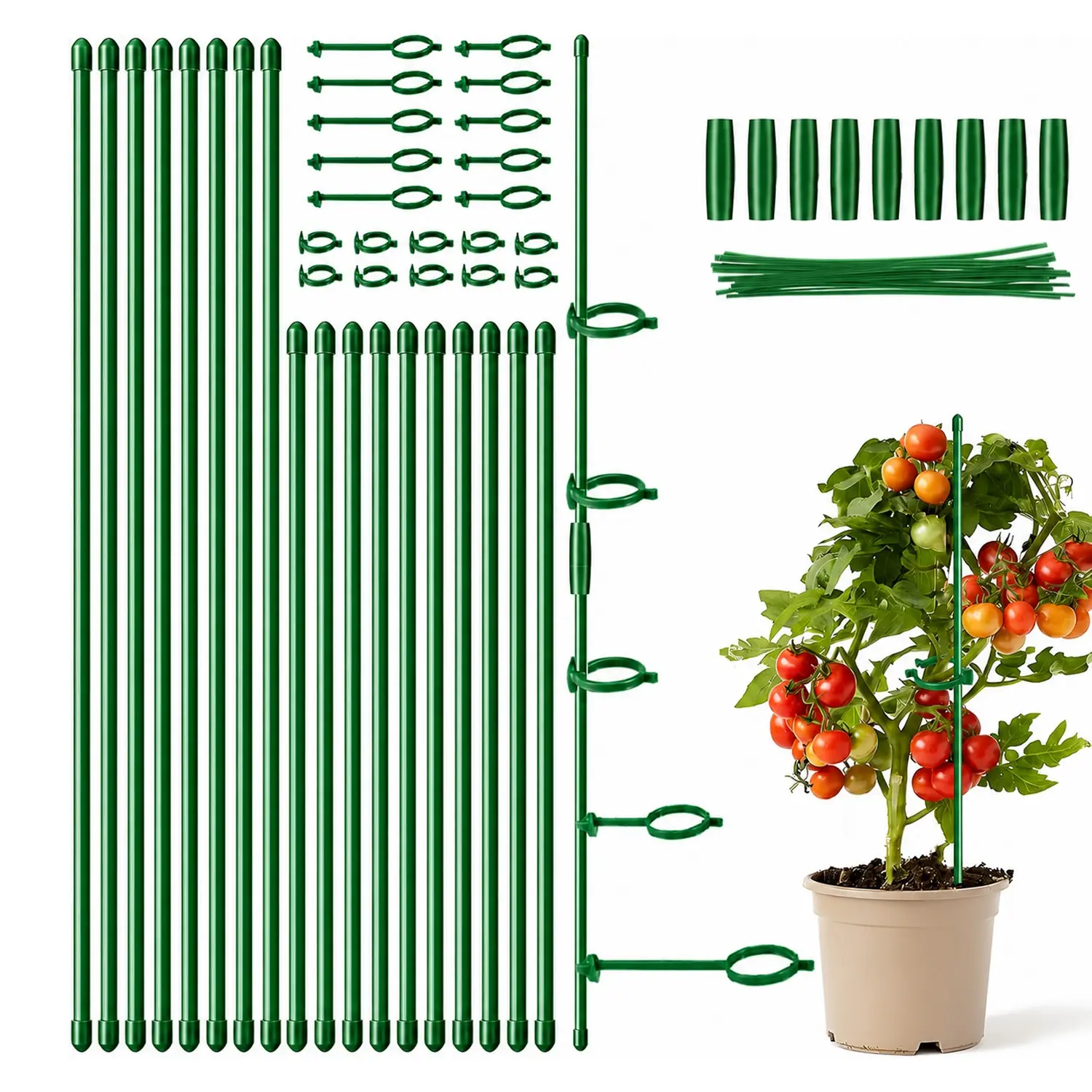 18pcs Adjustable Plant Support Stakes, 8 Connectors, 20 Clips, 20 Ties, 16 Inch & 12 Inch Stackable Poles for Potted Plants, Monstera, Tomato, Orchid