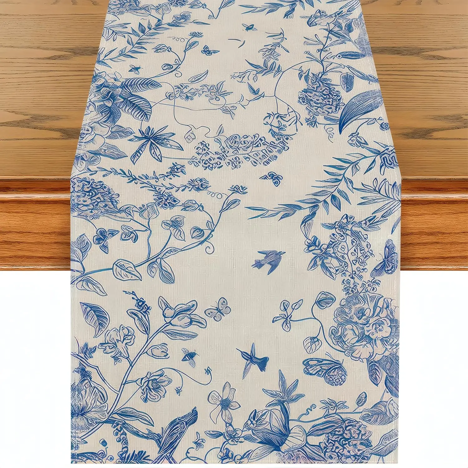 Blue Floral Table Runner, Birds and  Spring Table Runner 14 x 72 in Burlap Chinoiserie Retro  Decor for  Party Mother's Day Spring Garden Party  Decor