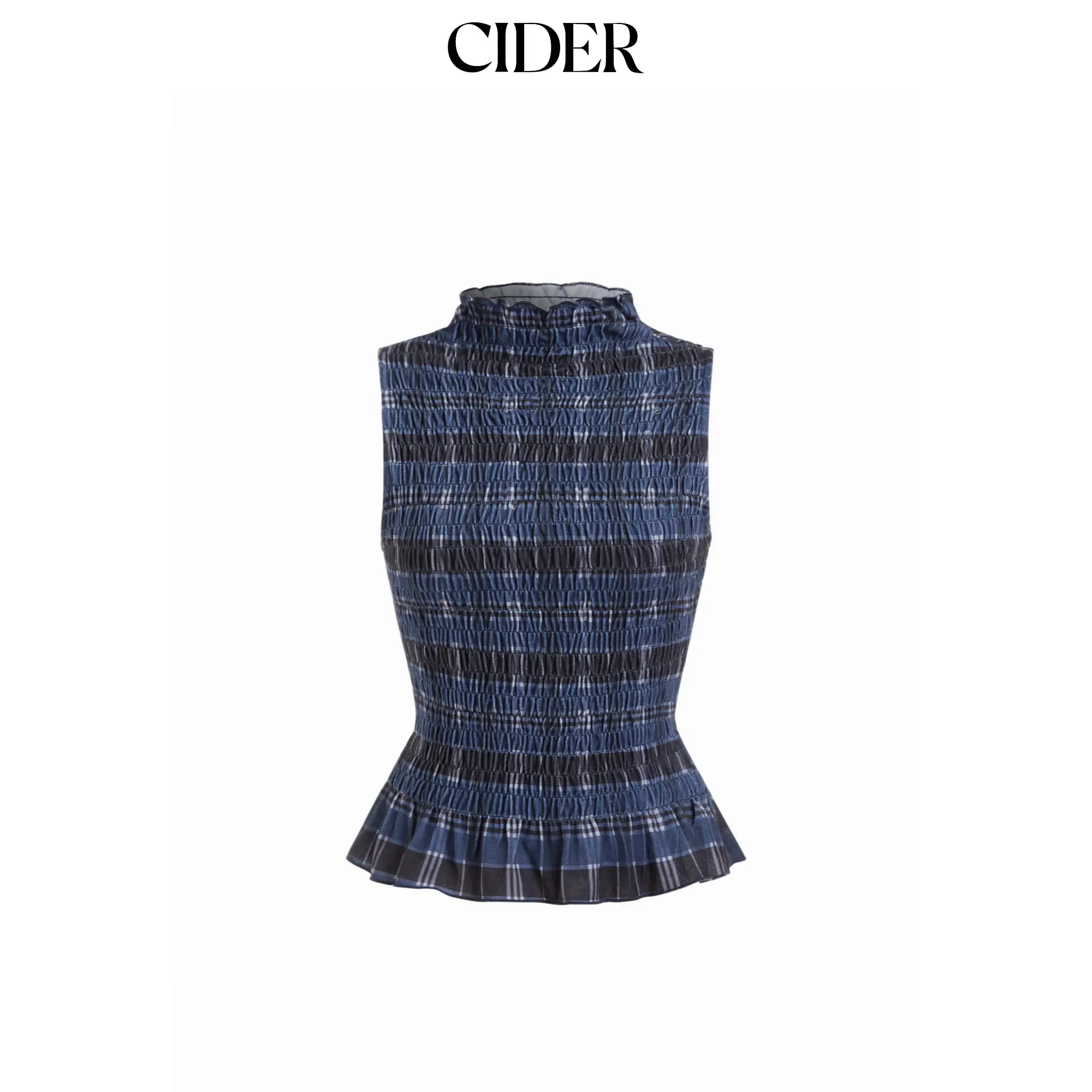 Cider High Neck Checks Lettuce Trim Shirred Tank Top SummerWins SummerFinds
