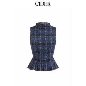 Cider High Neck Checks Lettuce Trim Shirred Tank Top SummerWins Dealsforyou