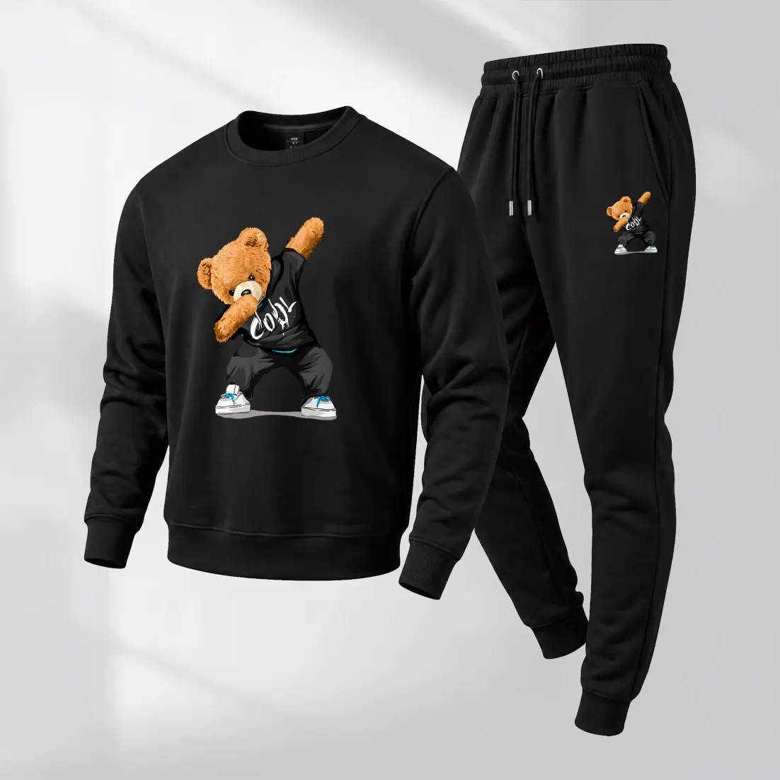 Men's Cool Bear Graphic Crewneck Sweatshirt and Jogger Pants Set, Casual Long Sleeve Pullover with Drawstring Sweatpants, Fall Winter Tracksuit for Daily Wear, Travel, Lounge, Workout and Indoor Outdoor Activities