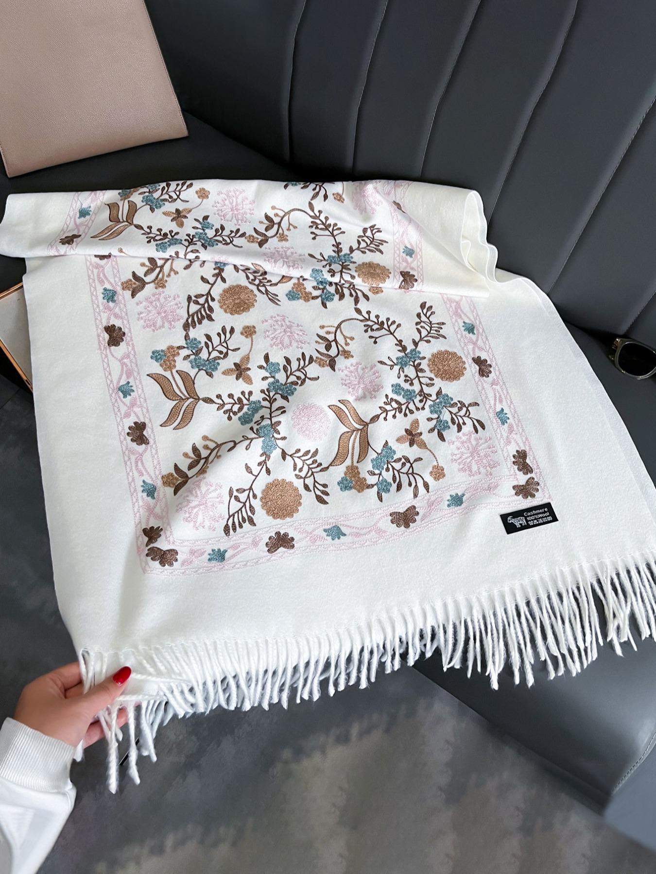 Boho Style Plant Embroidery Double Sided Scarf, Casual Soft Warm Fringe Trim Floral Embroidered Shawl for Women & Men, Fashion Accessories for Daily Wear