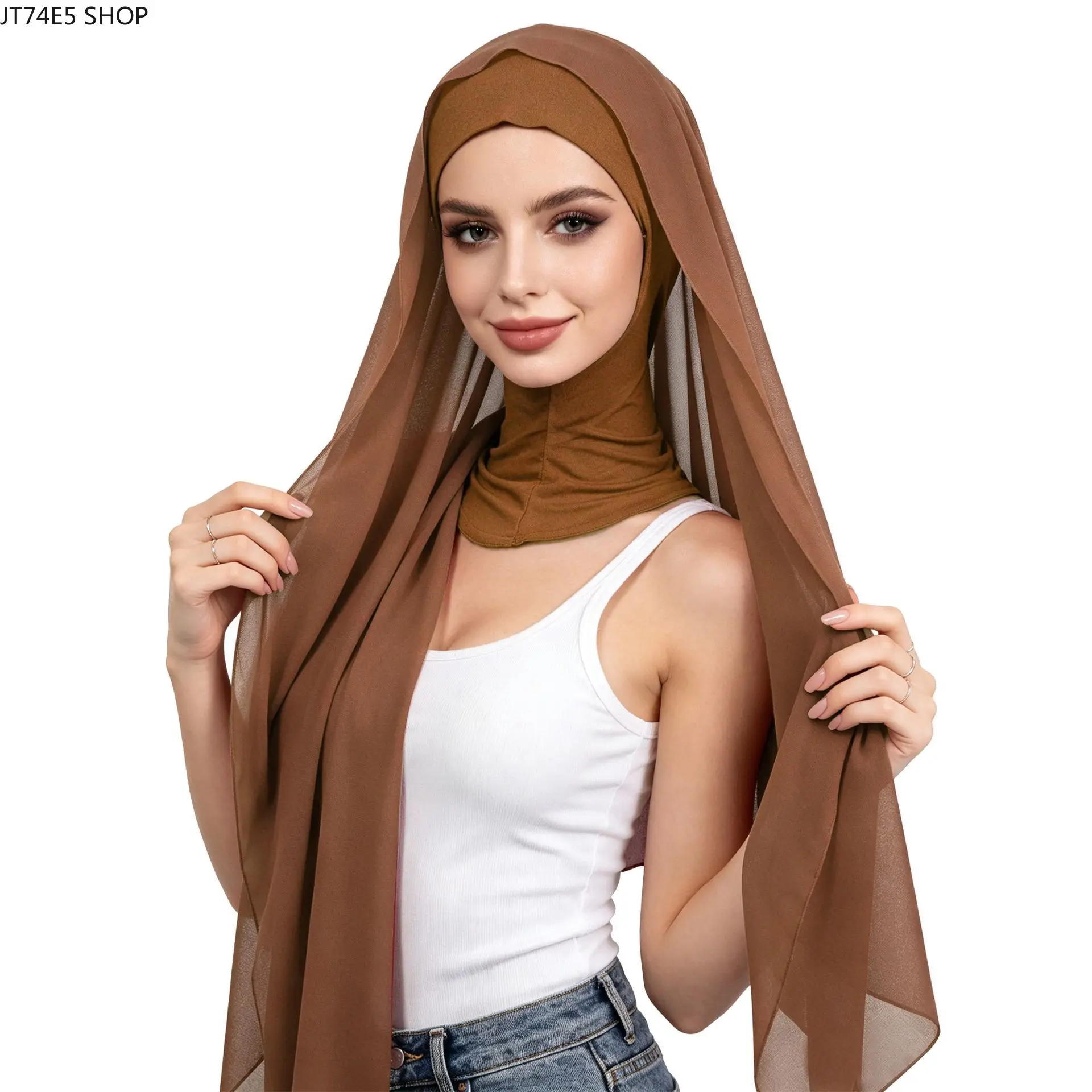 [One] New chiffon scarf bottoming cap set monochrome pearl chiffon headscarf cover bottoming cap scarf