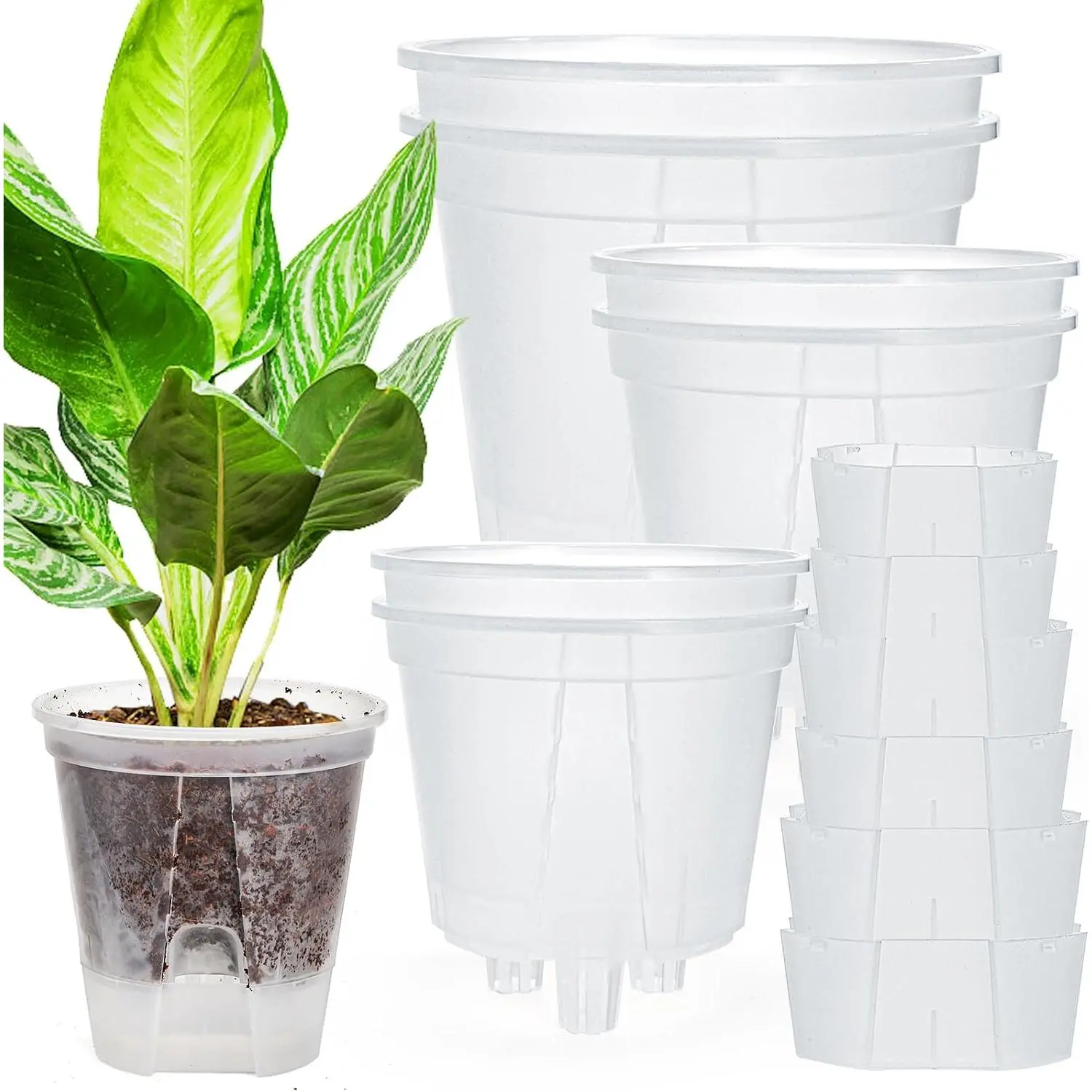 6 Pack Self Watering Pots for Indoor  with Reservoir Tray and Holes, Clear Plastic Self Watering Planters for Outdoor  , Round 4.75" 6" 7"