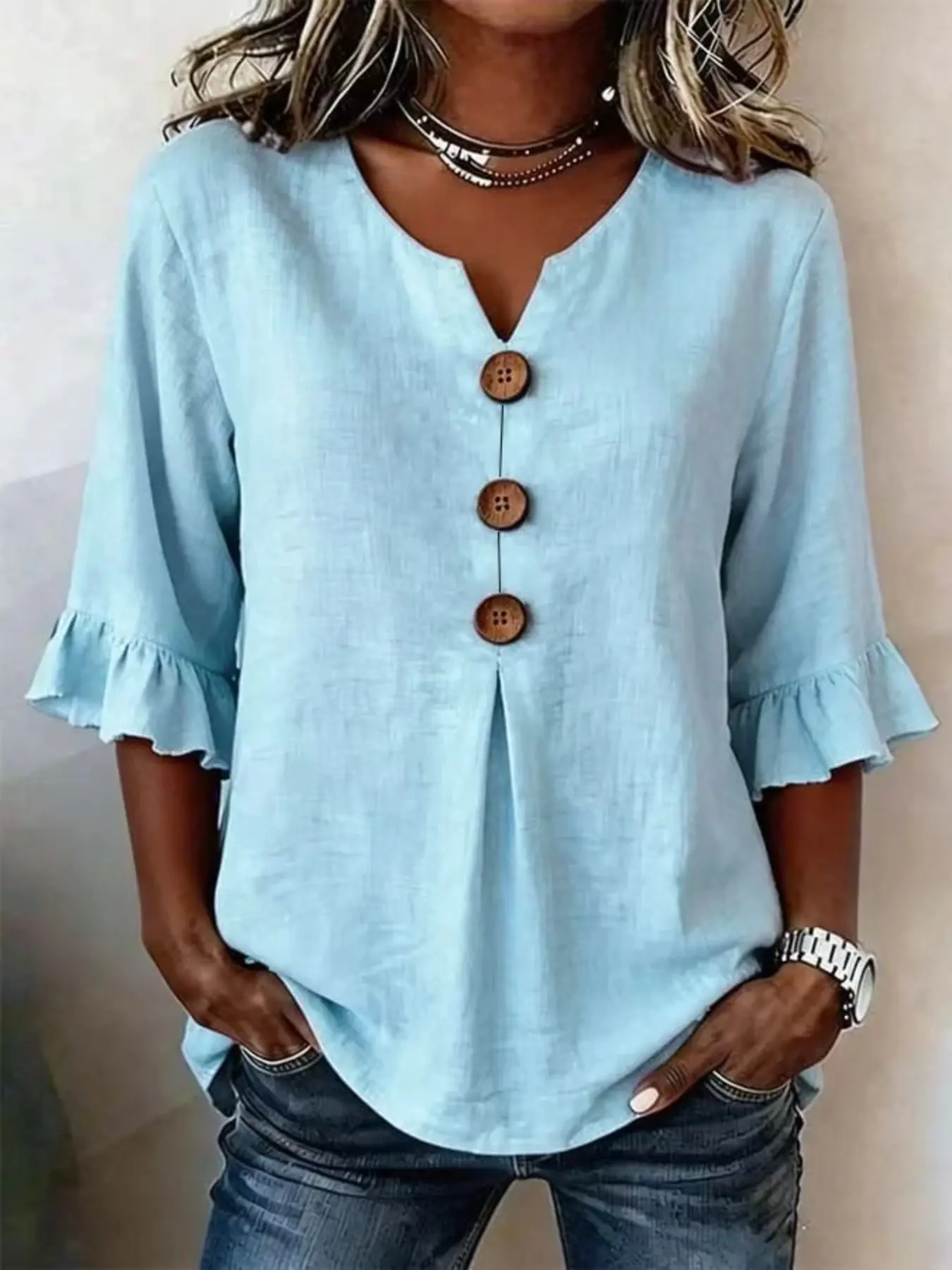 Women's Summer Notched-Neck Ruffle Sleeve Button Accent Blouse Top, Fashionable Casual Ladies' Clothing, Comfortable and Stylish Design