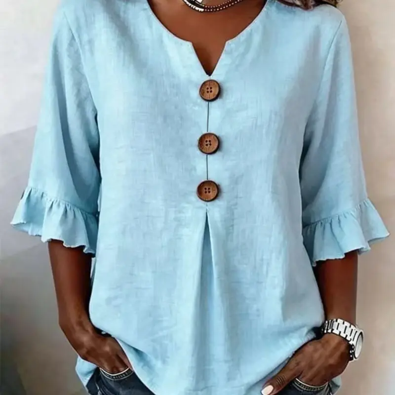 Women's Summer Notched-Neck Ruffle Sleeve Button Accent Loose Blouse Top, Fashionable Casual Ladies' Clothing, Comfortable, Lightweight and Stylish Design, Button Front Top