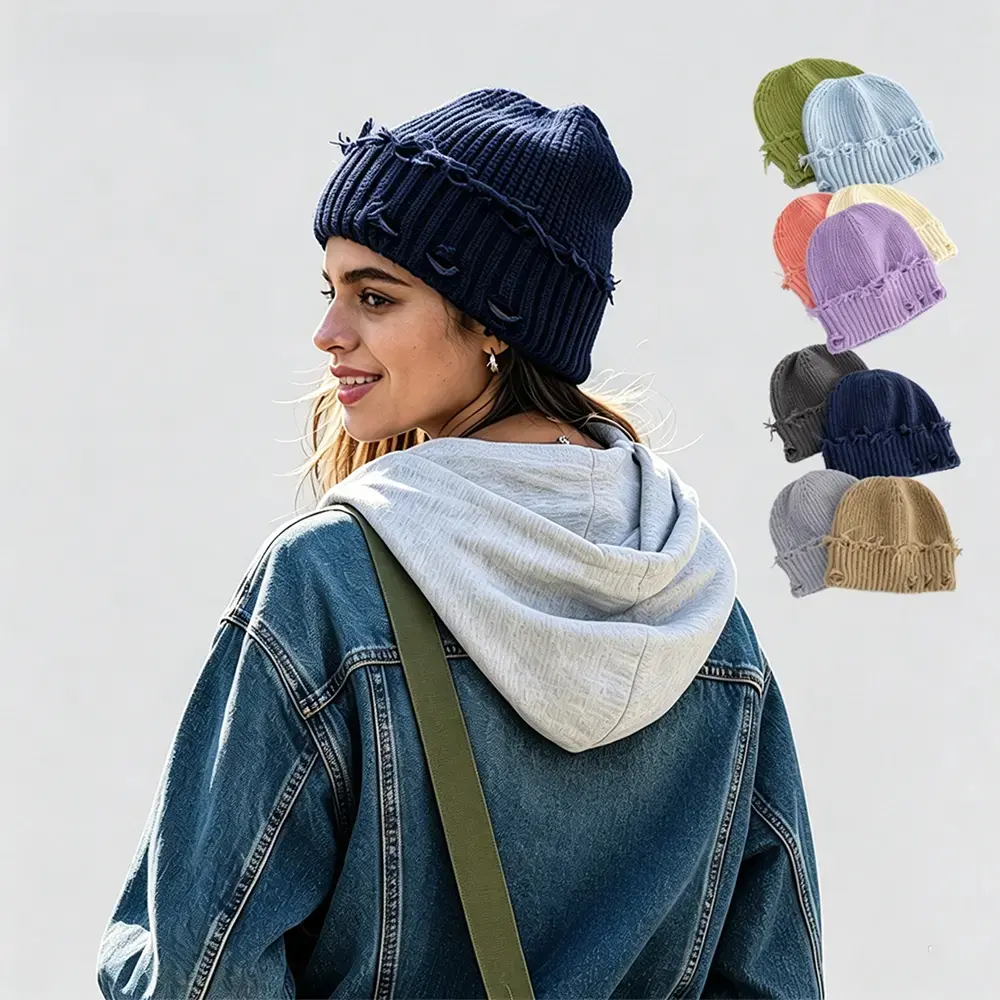 Distressed Knit Beanie Hat for Women Men, Ribbed Frayed Ripped Slouchy Winter Cap, Soft Warm Stretchy Streetwear Hat for Fall Outdoor Wear and Daily Fashion
