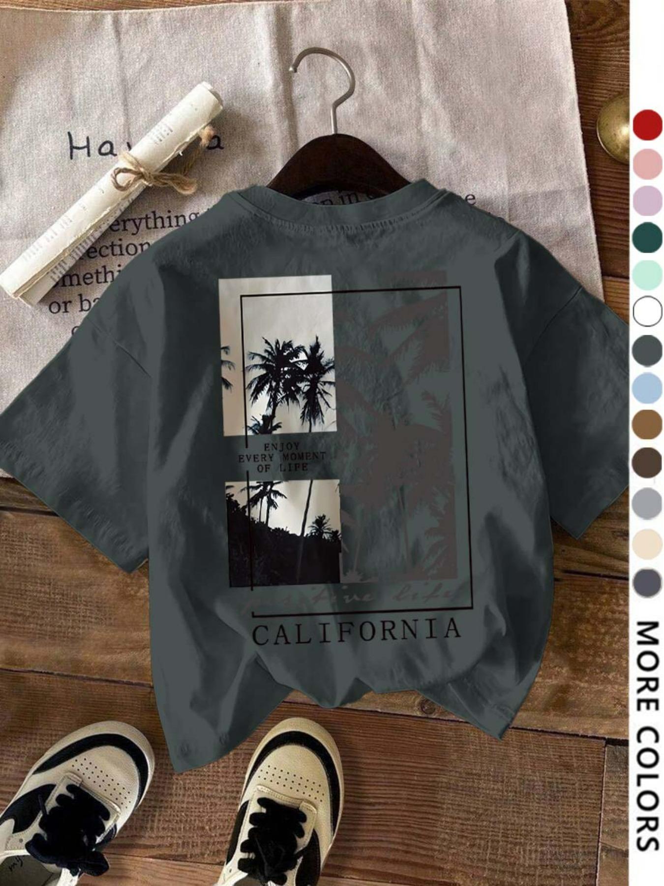 Women's Letter & Tree Print Round Neck Tee, Fashion Casual Short Sleeve T-shirt for Daily Wear, Ladies Summer Clothes