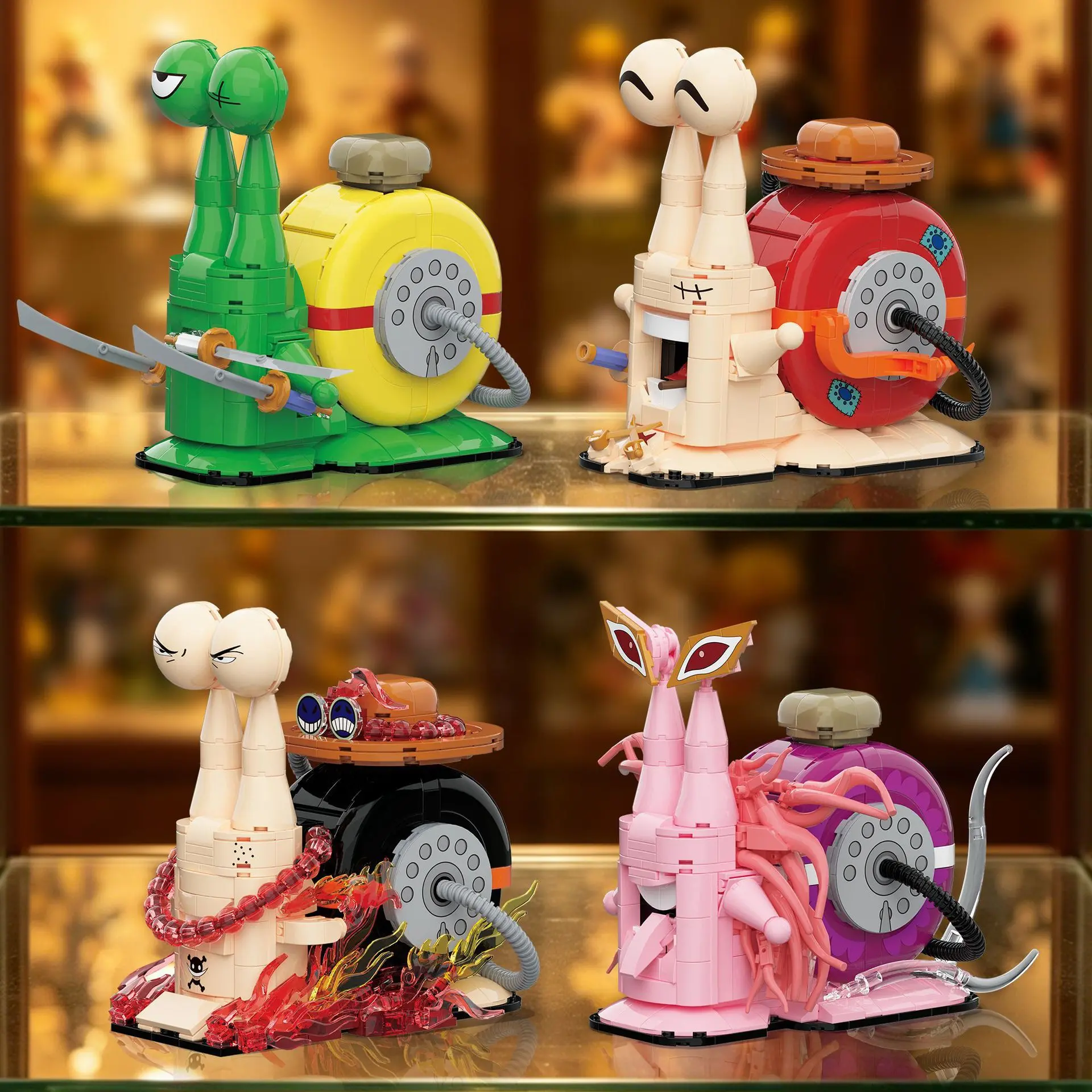 One Piece Den Den Mushi Transponder Snail Building Blocks Set JQ1144-JQ1147 Ace Zoro Doflamingo Luffy Anime Telephone Snail Bricks Model ABS Assemble Toy Desktop Ornament Collectible Anime Fan Gift Educational DIY Building Toy Multiple Styles Available