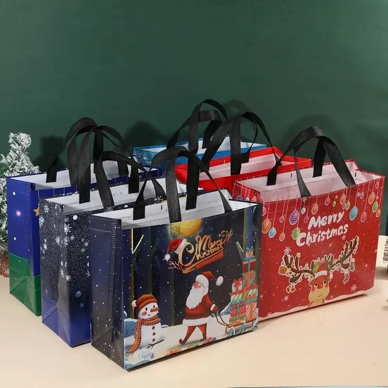 Large Reusable Non-Woven Christmas Tote Gift Bags, 6/12pcs Set, Santa Snowman Reindeer Designs, Perfect for Holiday Parties & Gifts