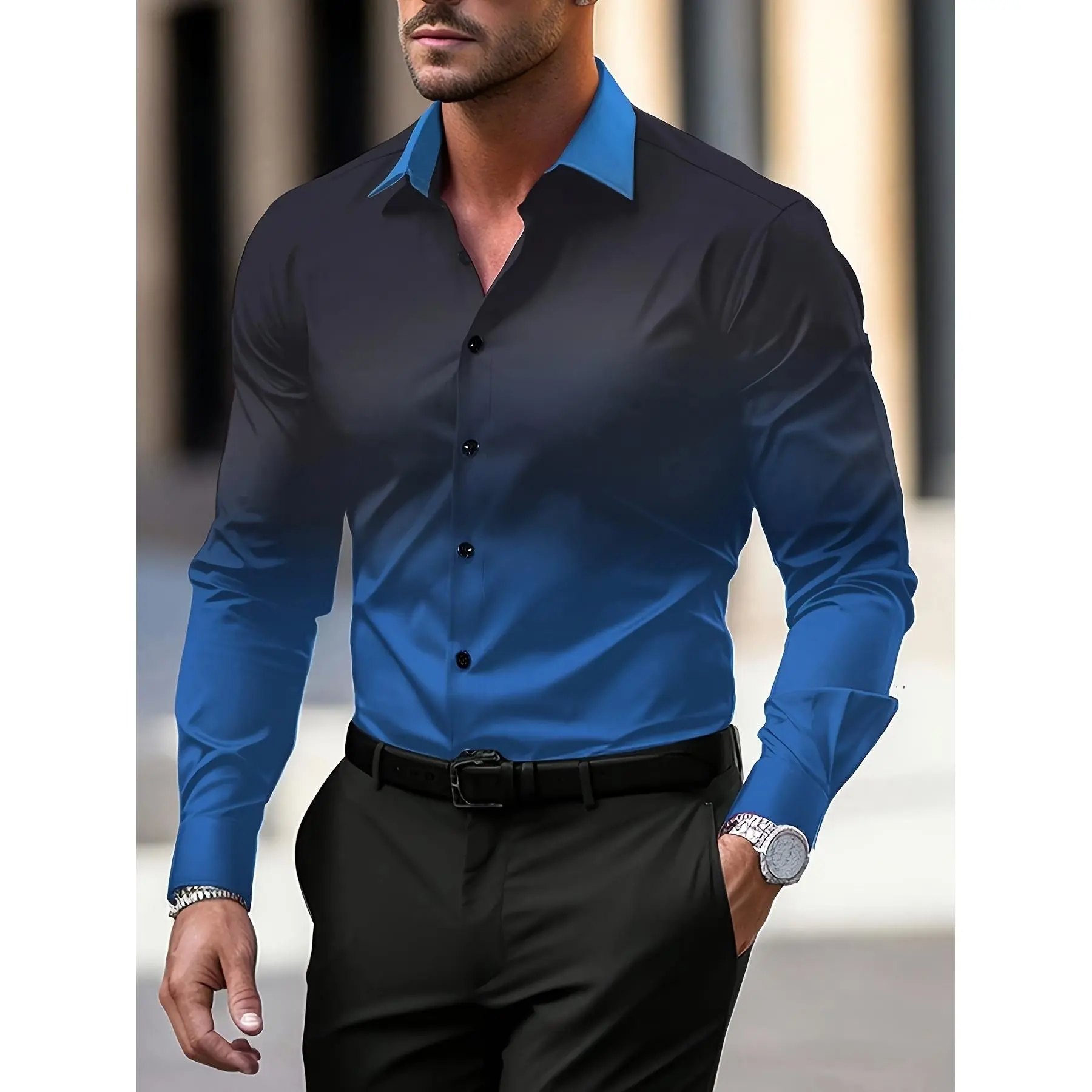 Men'S Fashion Gradient Color 3D Digital Printing Casual Shirt Long Sleeve Lapel Tops Commuter Clothing