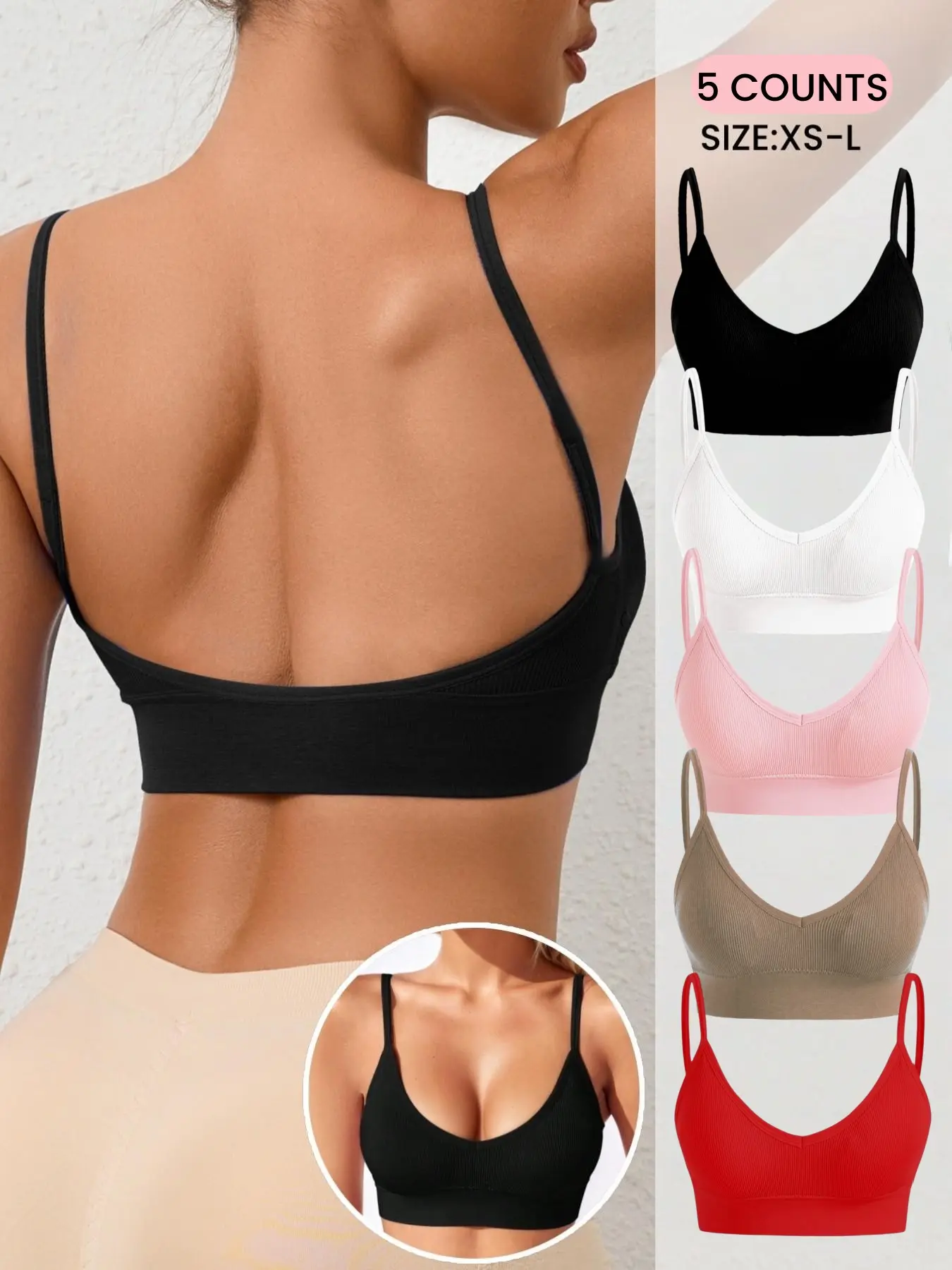 Seamless Comfortable V Neck Women's Bra Everyday Bra with Thin Straps, No padding，Inner double-layer fabric and Backless Design,Suitable for Daily Casual  Wear,Women's Ribbed Underwear,All Seasons