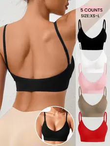 Seamless Comfortable V Neck Women's Bra with Thin Straps, No padding，Inner double-layer fabric and Backless Design,Suitable for Daily Casual  Wear,Women's Ribbed Underwear,All Seasons