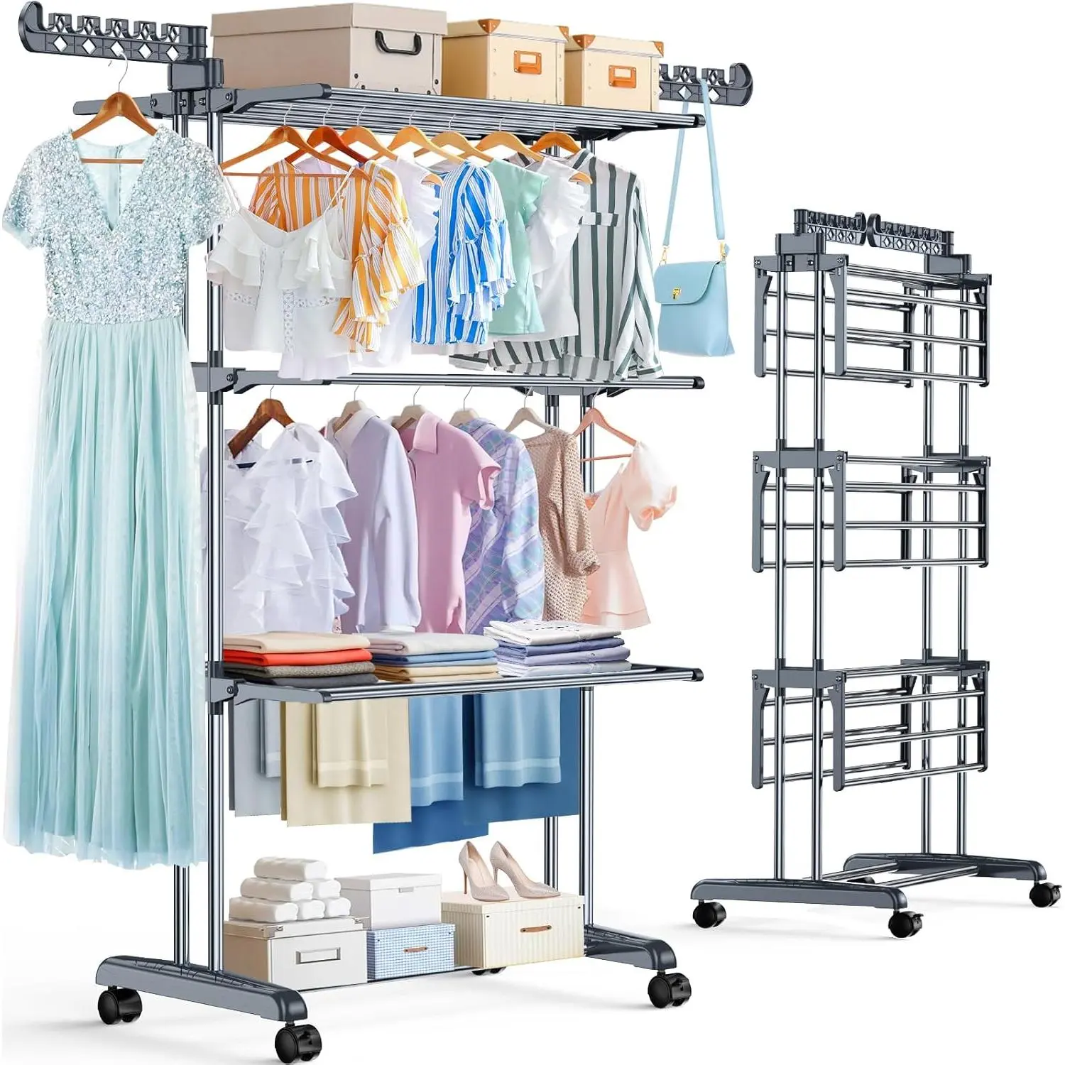 PurKeep  Clothes Drying Rack with Wheels, 4 Tier Folding Drying Rack, Laundry Drying Rack with Expandable Side, Indoor Clothes Air Drying Rack for Large
