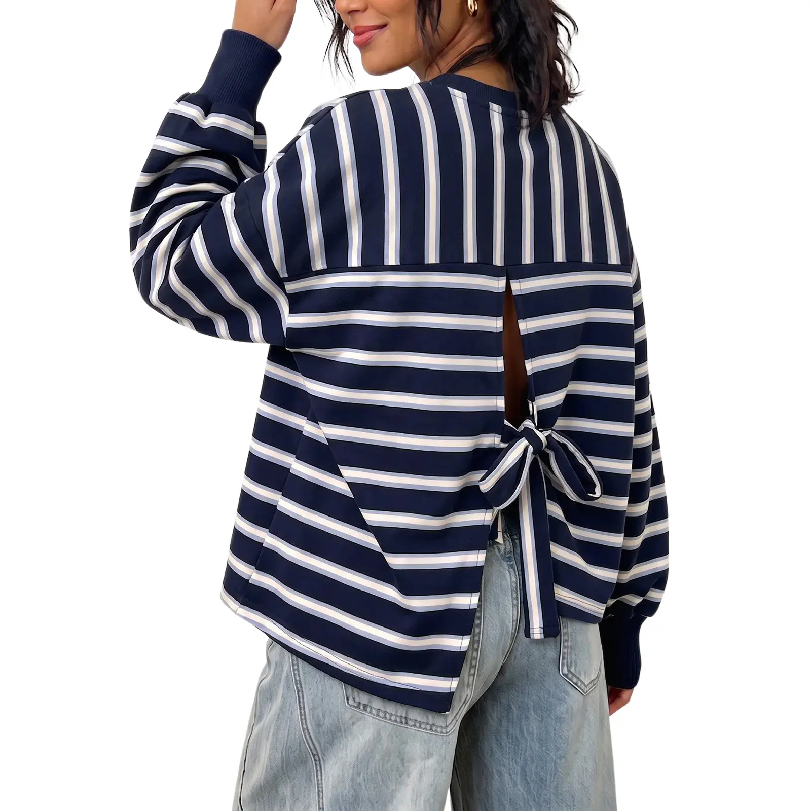 Aoysky Women Striped Polka Dot Crew Neck Sweatshirt, Oversized Long Sleeve Back Cutout Tie Knot Pullover Tops, Casual Loose Cropped Sweatshirts for Fall Daily,clothes for back to school,first day of school outfits