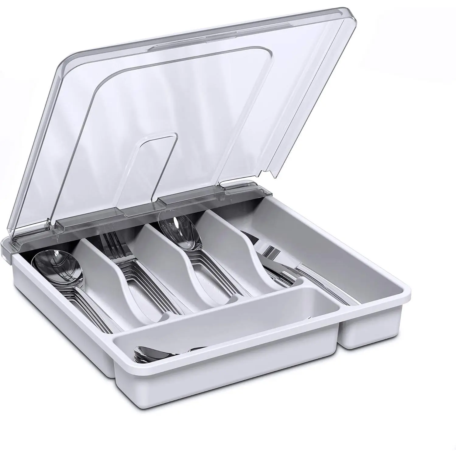 Countertop Holder with Lid, Plastic Silverware Tray for Drawer, 5-Compartment Flatware Organizer, White