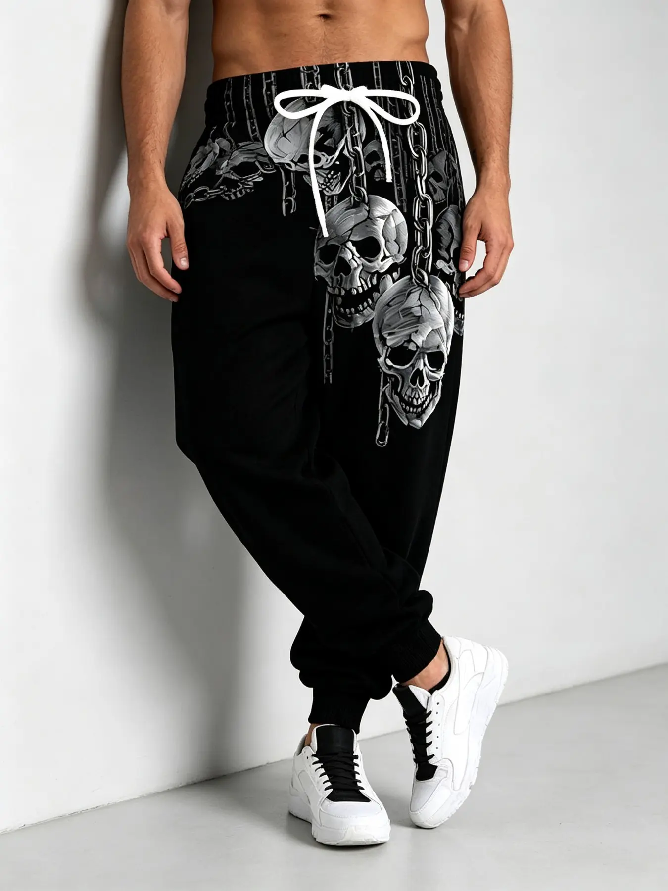 Men's Boho Style Sweatpants, All over Print, Loose-Fitting, Spring & Fall, Dark Heavy Metal Chain Skull Design, Drawstring, Graphic Pants