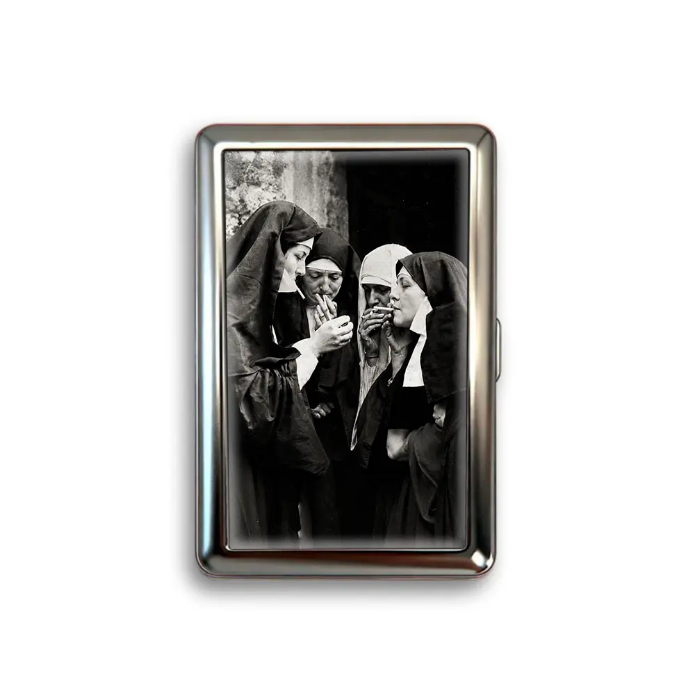 Funny Smoking Nuns Cigarette Case Zigarettenetui Wallet Vintage Metal 100s Blunt Holder gifts boyfriend