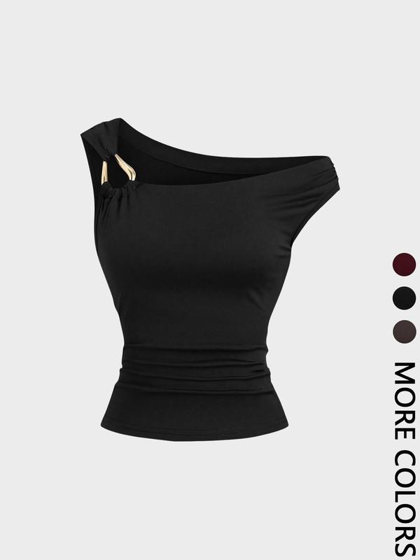 1 Piece  Valentine's Day Asymmetric Shoulder Ruched Crop Top | Euro-American Y2K Vibe | Cropped Design + Cold Shoulder Detail | Eye-Catching Pick for Weekend Shopping / Music Festivals