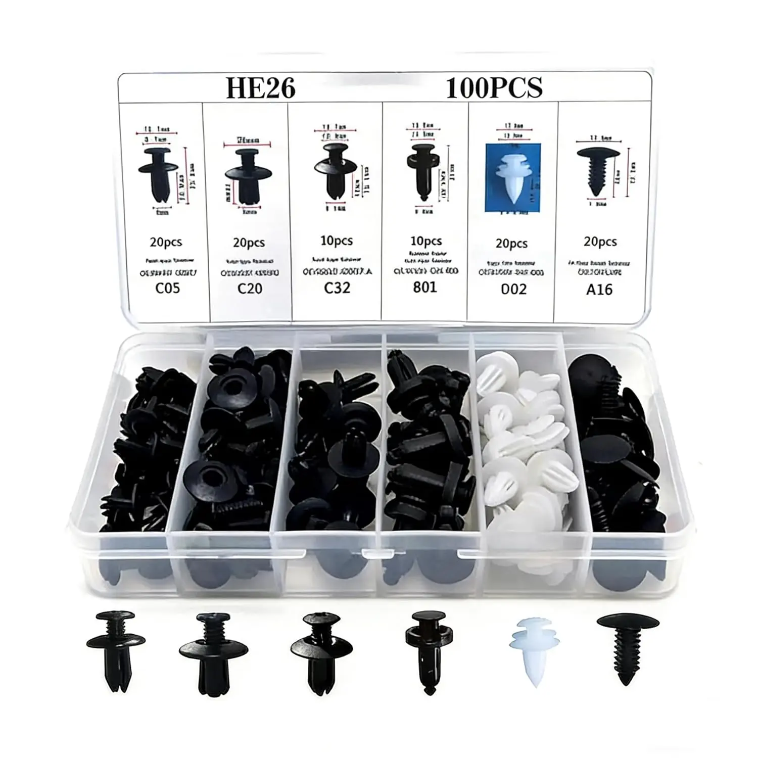 100Pcs Car Plastic Rivet Clips Kit with Storage Box, ABS Bumper Push Retainer Fasteners, 6 Sizes Door Panel Fender Body Trim Push Pins, Universal for Cars Trucks SUVs, 100 Pieces, 10Mm