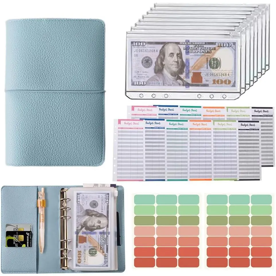 Synthetic Budget Binder with Zipper Envelopes, Envelope System, Budget Sheets, Multicolor Labels for Financial Tracking (Blue), Budget Tracking