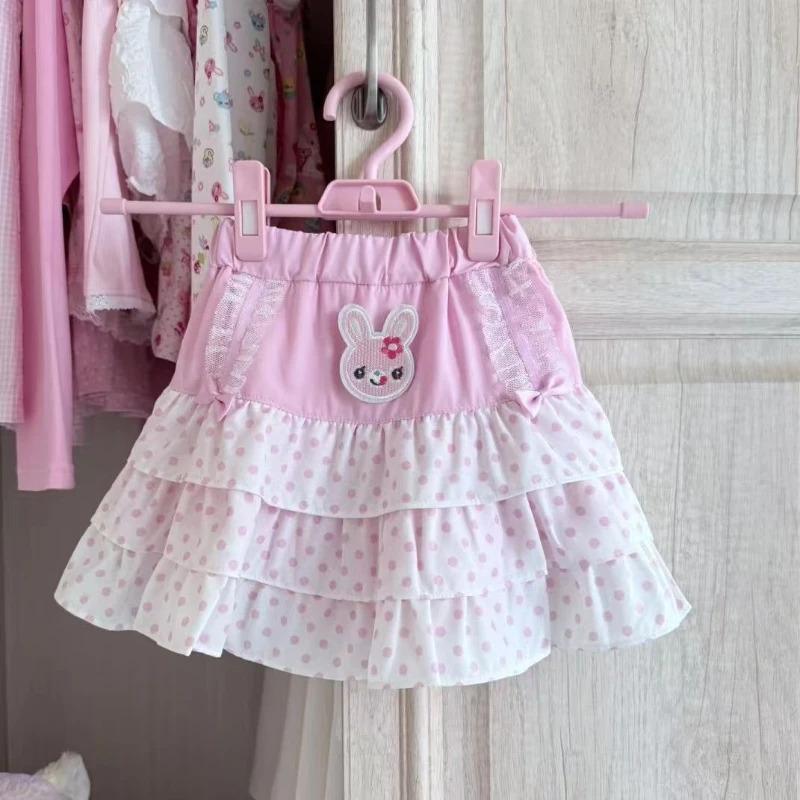 Sweet Japanese Elastic Waist Pink Polka Dot Skirts Kawaii Fashion Patchwork Loose Short Skirt Women's Design Bow Lovely Outfits